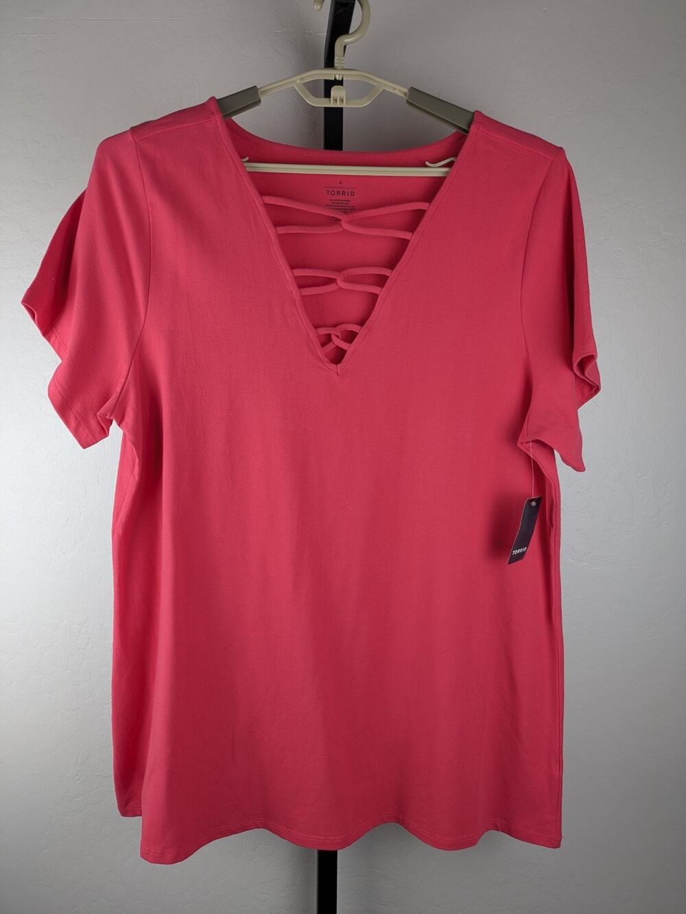 Torrid Strappy V-neck Foxy Short Sleeve Knit Top pink teaberry
